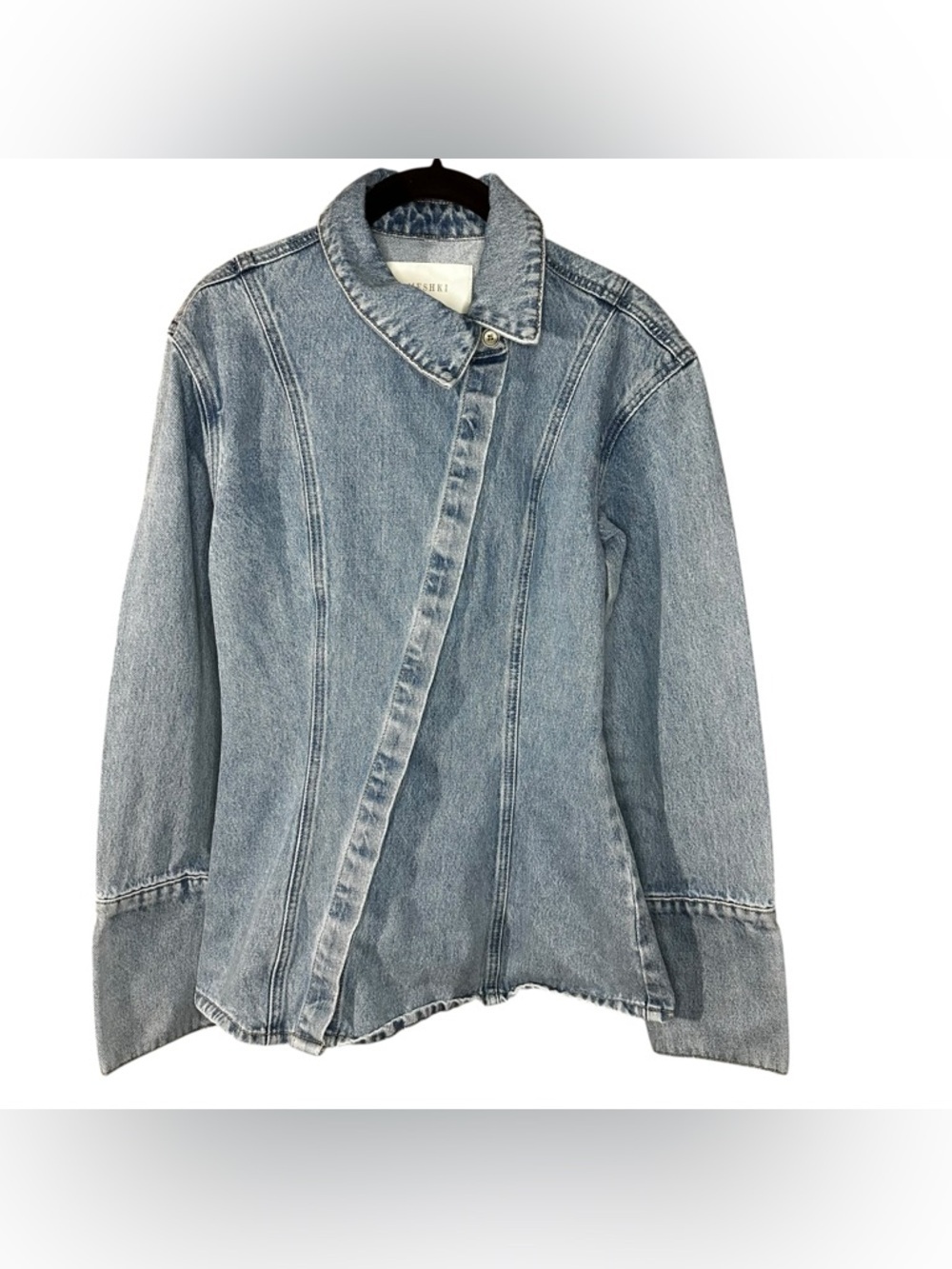 Meshki Light Wash Denim Jacket XS Fitted Button Front 100% Cotton
